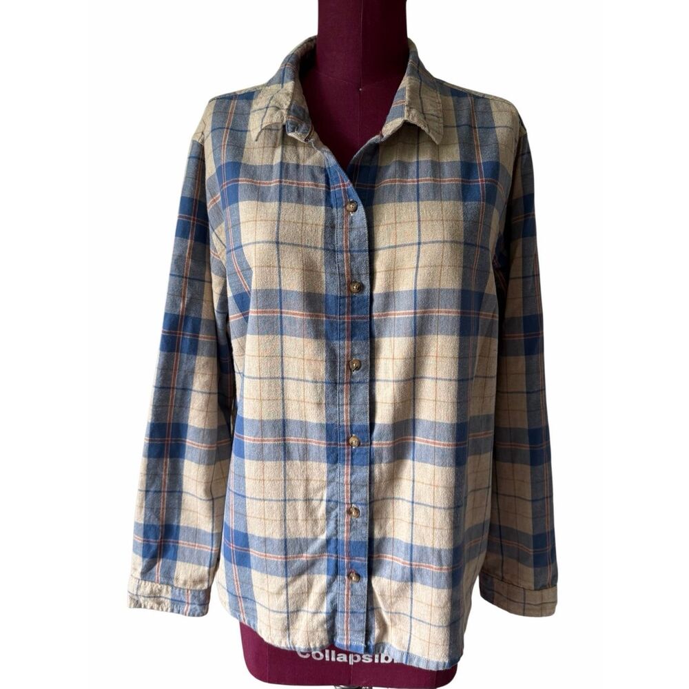 Toad & Co Flannel Shirt Top Button Front Plaid Tan Blue XL